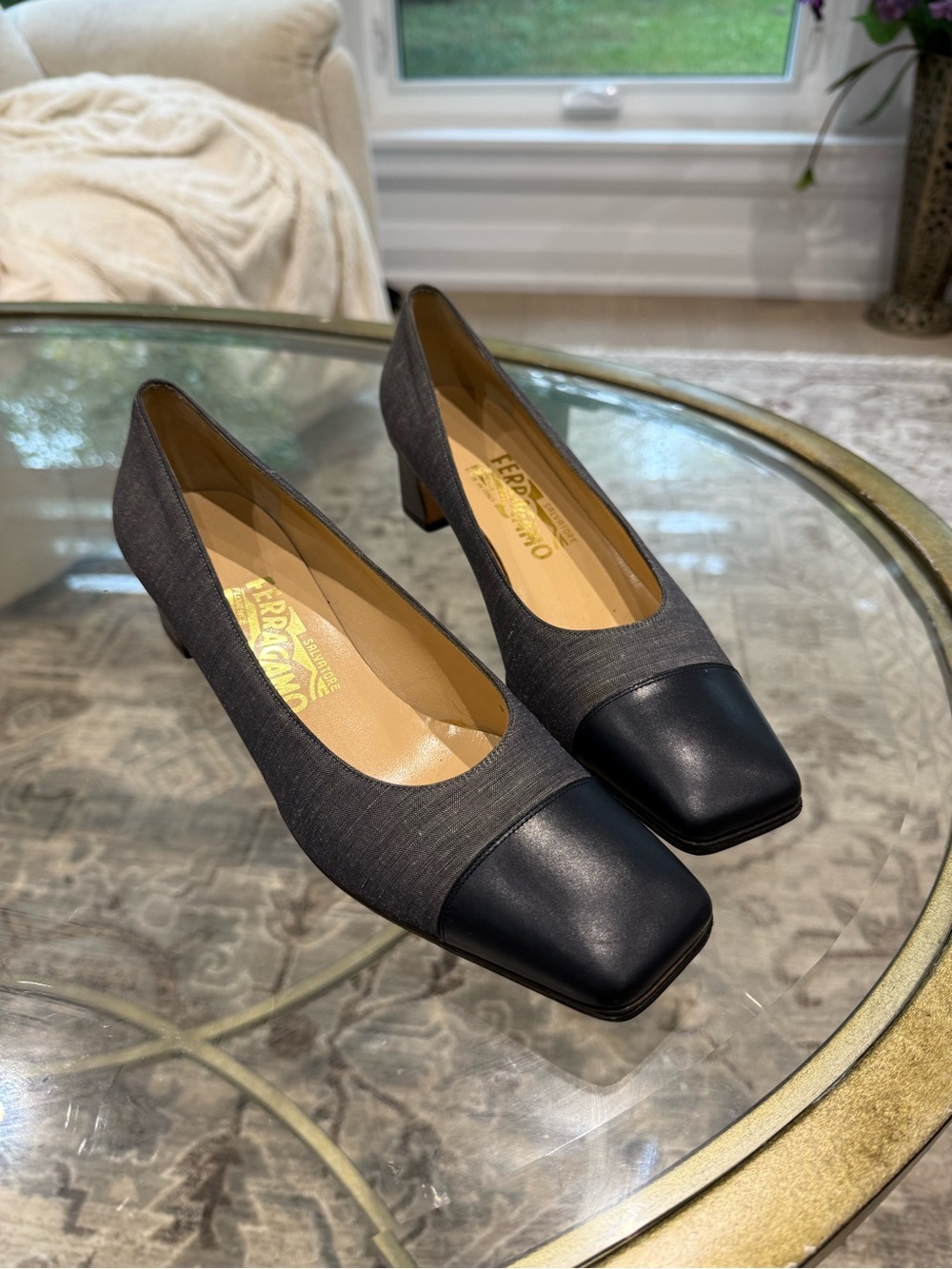 Salvatore Ferragamo Gray Pumps with Black Leather Cap Toe